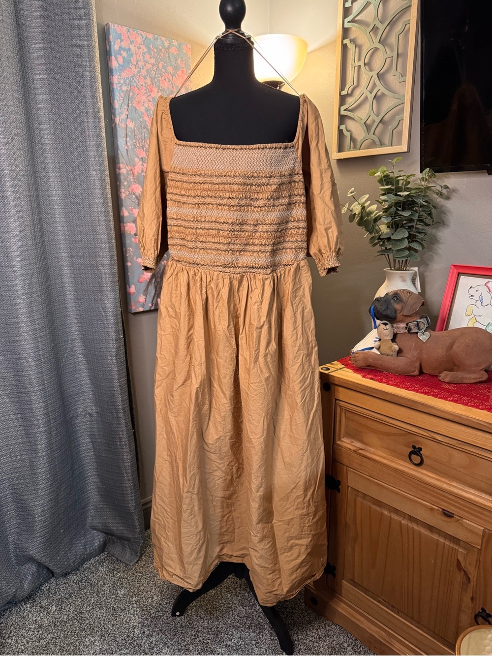 Old Navy Camel Smocked Square-Neck Midi Dress